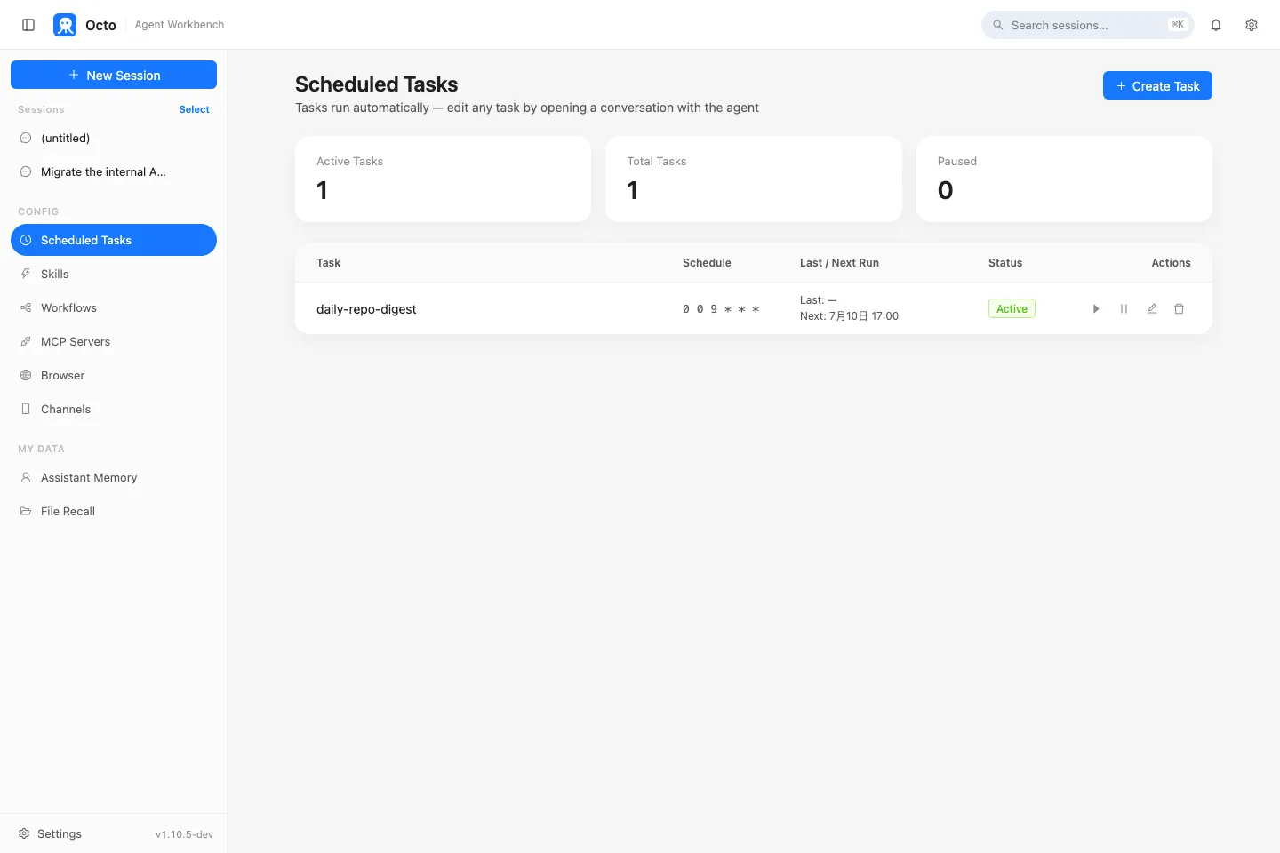 Octo’s Scheduled Tasks panel: a task firing daily at 9am, with its next run time