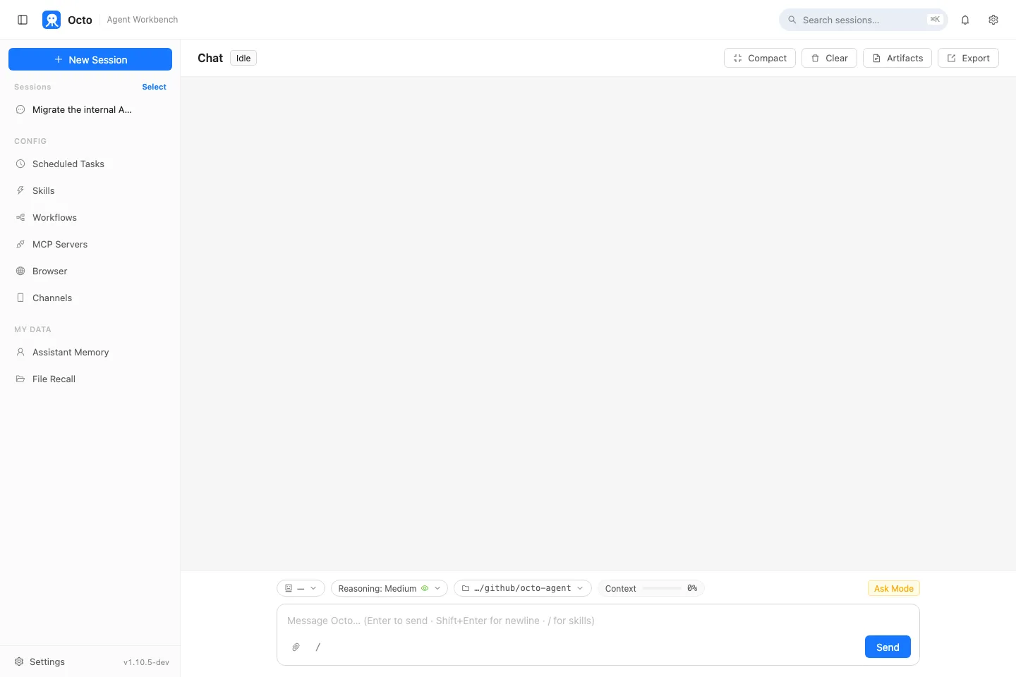 Octo’s main dashboard: Skills, MCP servers, scheduled tasks, and workflows all live in the left sidebar
