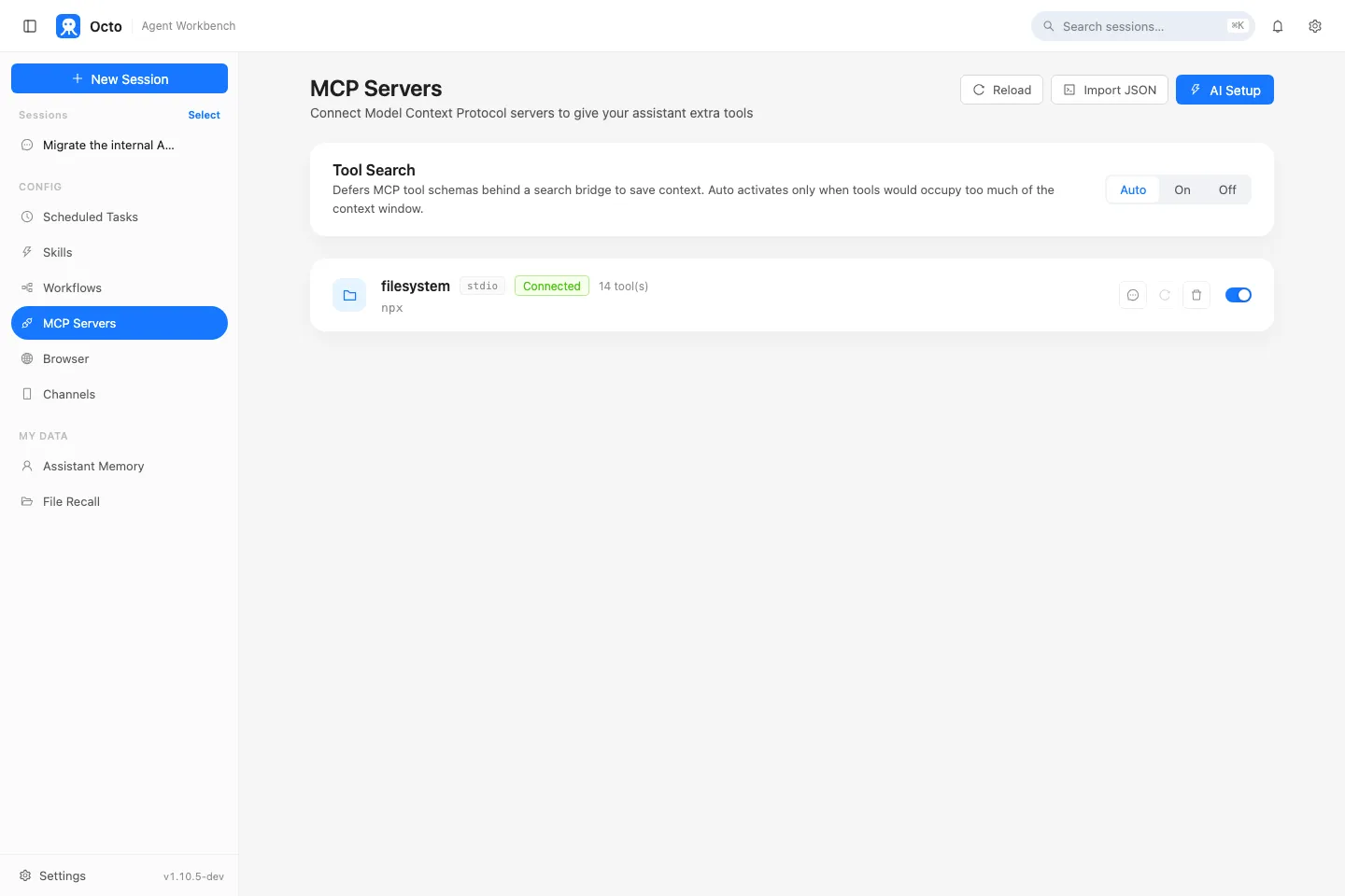 Octo’s MCP Servers panel: a connected server shows its status and tool count