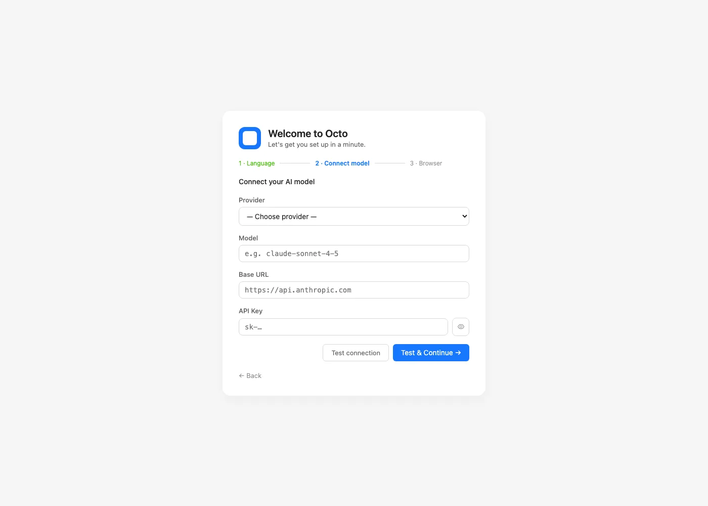 Octo’s first-run wizard: connecting an AI model